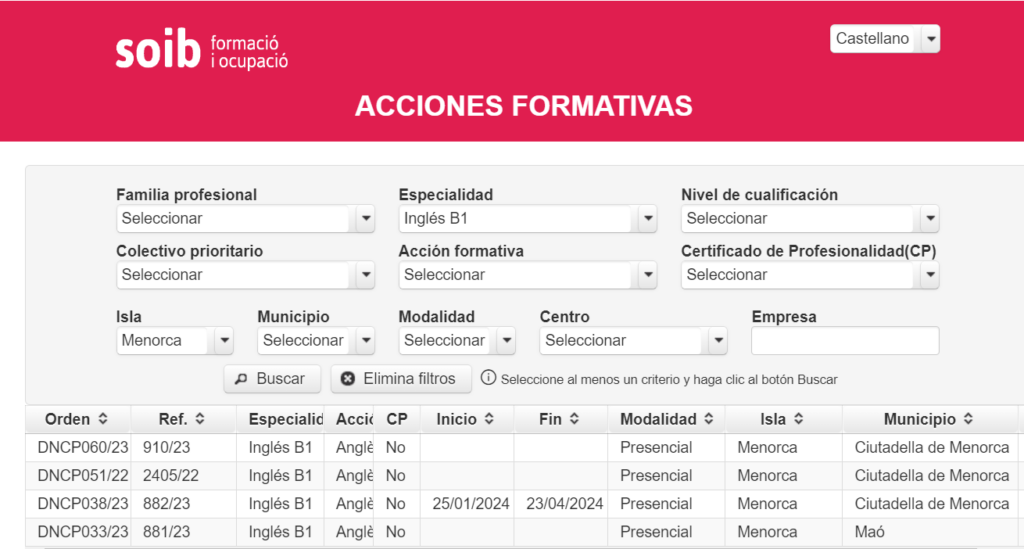 Buscador cursos de inglés en Menorca