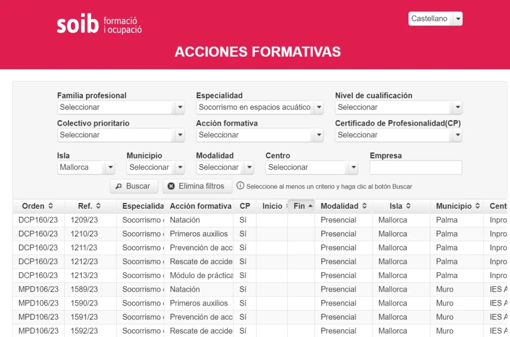 Buscador cursos de socorrismo en Mallorca